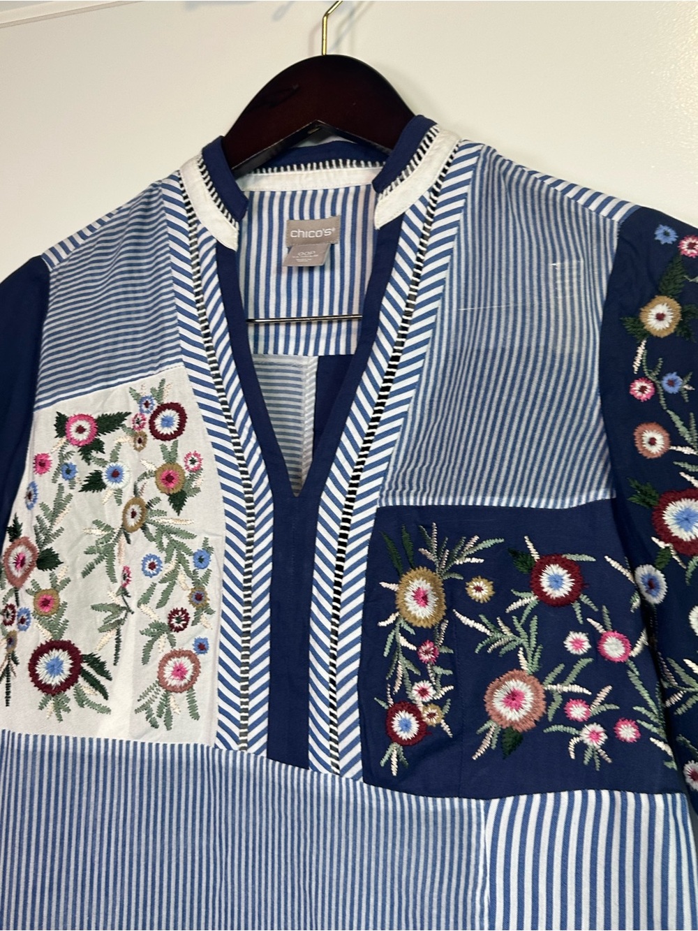 Chico’s Embroidered Floral Striped Patchwork Boho Peasant Blouse Size 2P - Picture 3 of 11